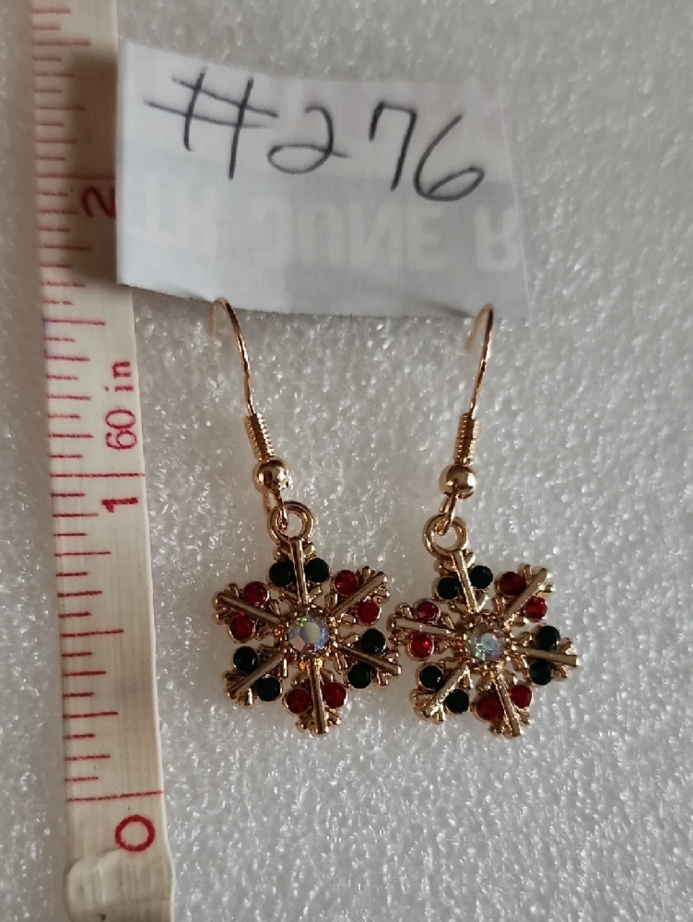 Hand Crafted Gold Snowflake Earrings with Red and Green Crystals